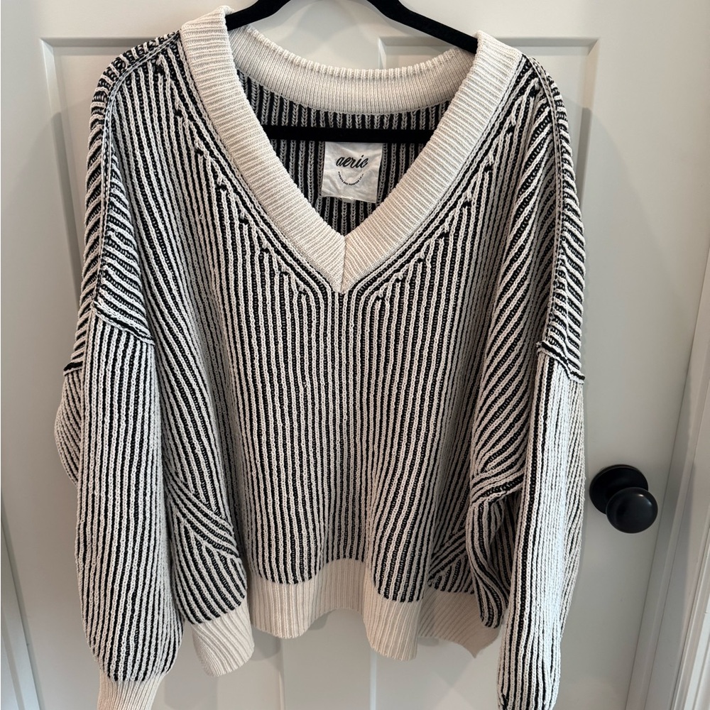 Aerie V-Neck Sweater in Black and White Stripes